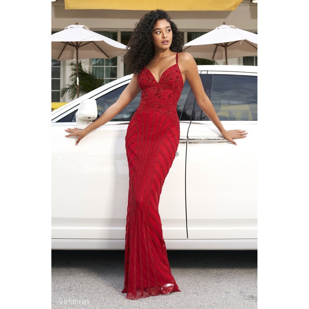Sherri Hill Gown 54249 Women Size 2 Red Beaded Formal Prom Glamour Evening Dress